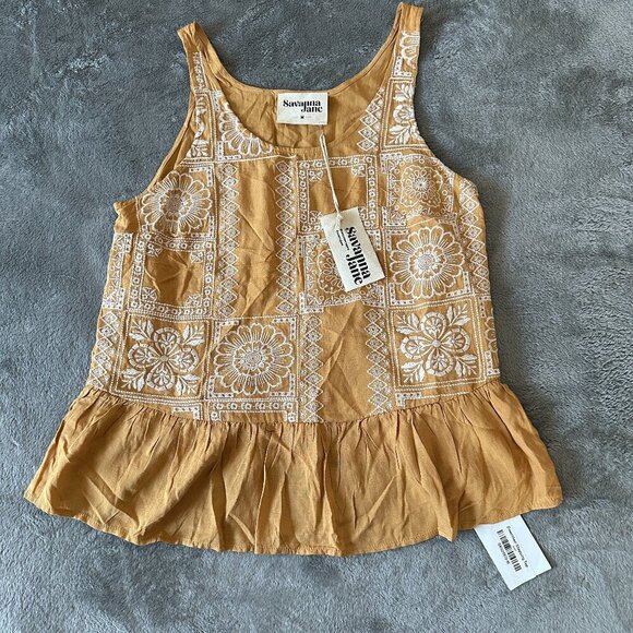 NWT Savanna Jane Downtown Shopping Tank Top Yellow Embroidered MEDIUM - Picture 1 of 6